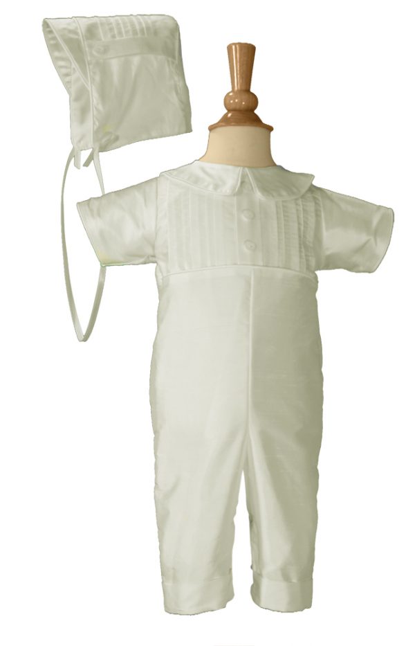 Boys White Pin Tucked 100% Silk Shantung Christening Baptism Special Occasion Coverall - Little Things Mean a Lot