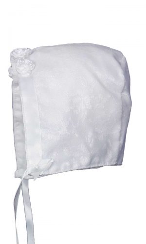 Baby Girls White Poly-Cotton Christening Baptism Hat with Lace Overlay and Flower Accents - Little Things Mean a Lot