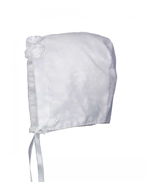 Baby Girls White Poly-Cotton Christening Baptism Hat with Lace Overlay and Flower Accents - Little Things Mean a Lot