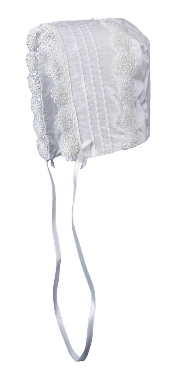 Baby Girls White Silk Christening Baptism Hat with Pin Tucking and Lace Trim - Little Things Mean a Lot