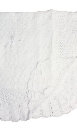 Baby Fancy Christening White Hand Crochet 100% Cotton Shawl/Blanket 49 x 39 In - Ribbon Bow - Little Things Mean a Lot