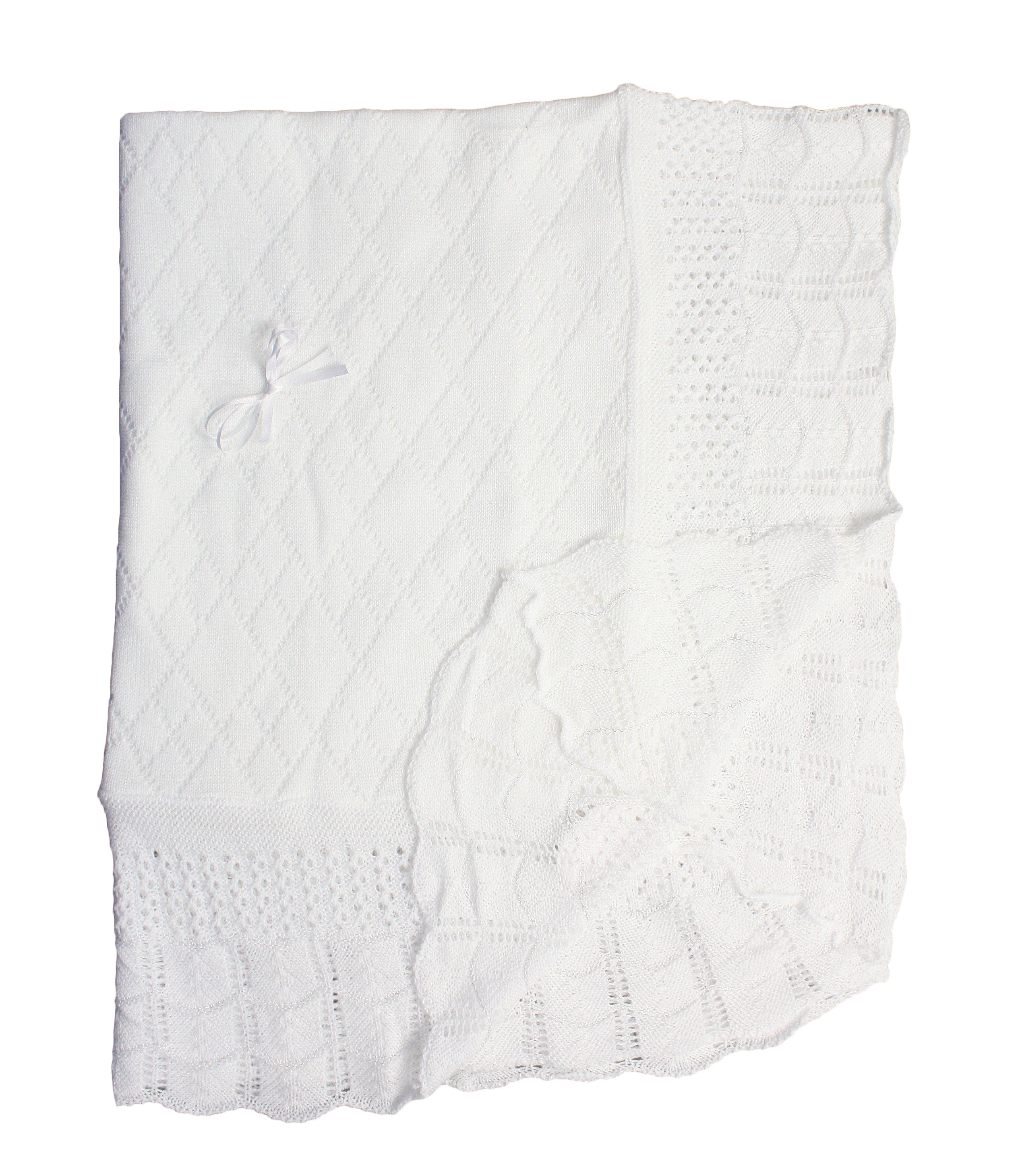 Baby Fancy Christening White Hand Crochet 100% Cotton Shawl/Blanket 49 x 39 In - Ribbon Bow - Little Things Mean a Lot