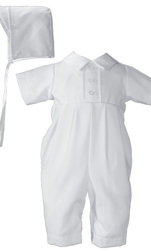 Gaberdine Christening Baptism One Piece with Buttons and Hat - Little Things Mean a Lot