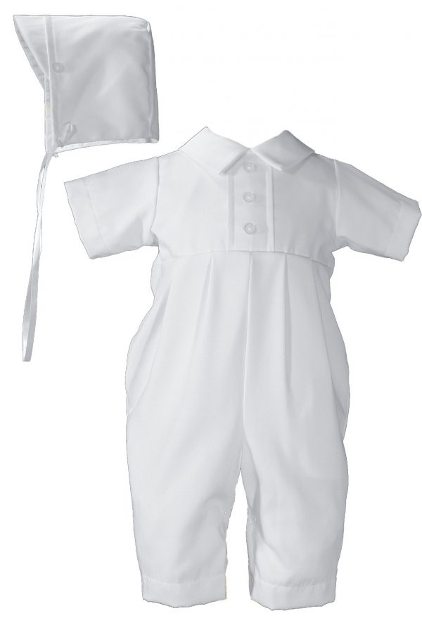 Gaberdine Christening Baptism One Piece with Buttons and Hat - Little Things Mean a Lot