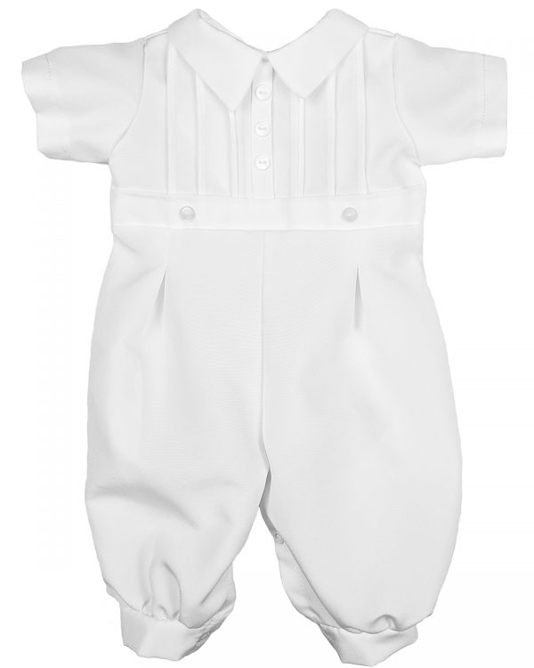 Boys White Short Sleeve Collared Romper Coverall with Pin-Tucking - Little Things Mean a Lot