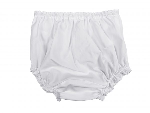 Baby Girls White Elastic Bloomer Diaper Cover with Embroidered Eyelet Edging Around Legs - Little Things Mean a Lot