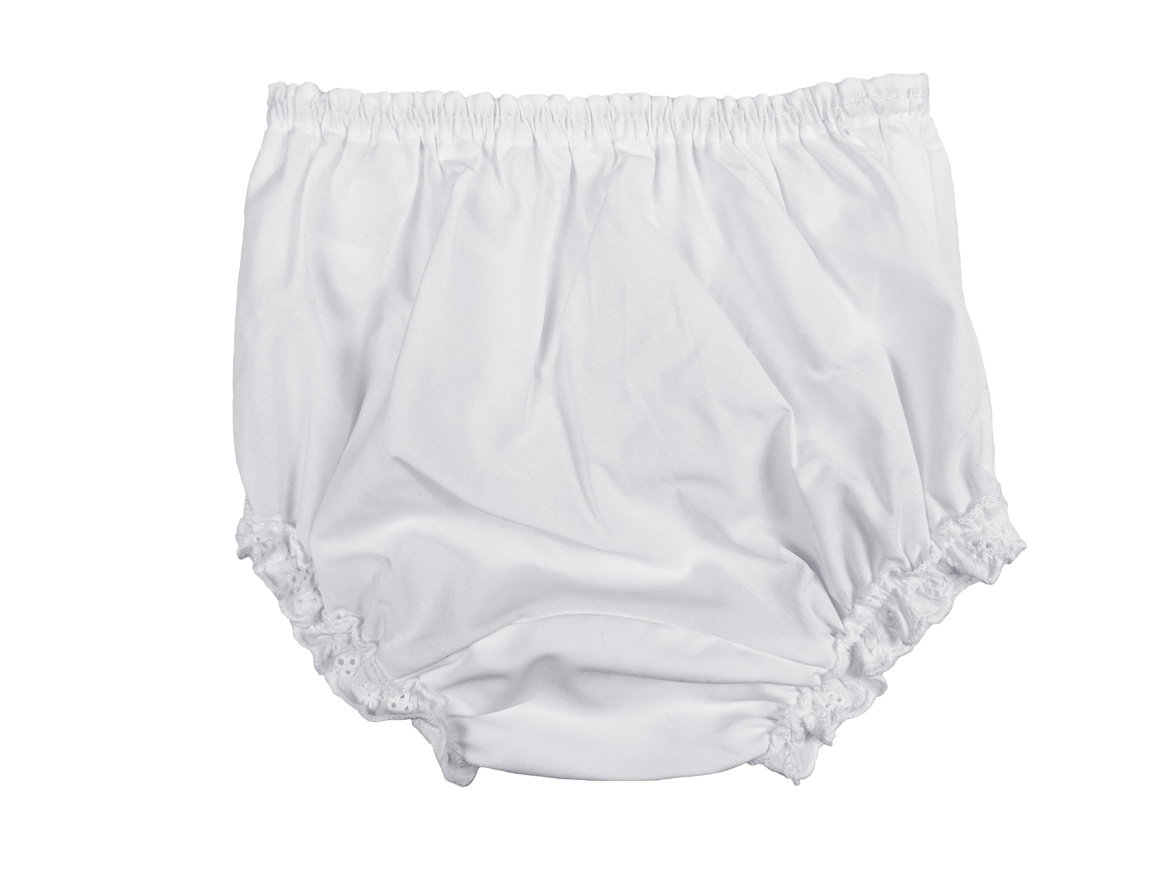 Baby Girls White Elastic Bloomer Diaper Cover with Embroidered Eyelet  Edging Around Legs - Little Things Mean