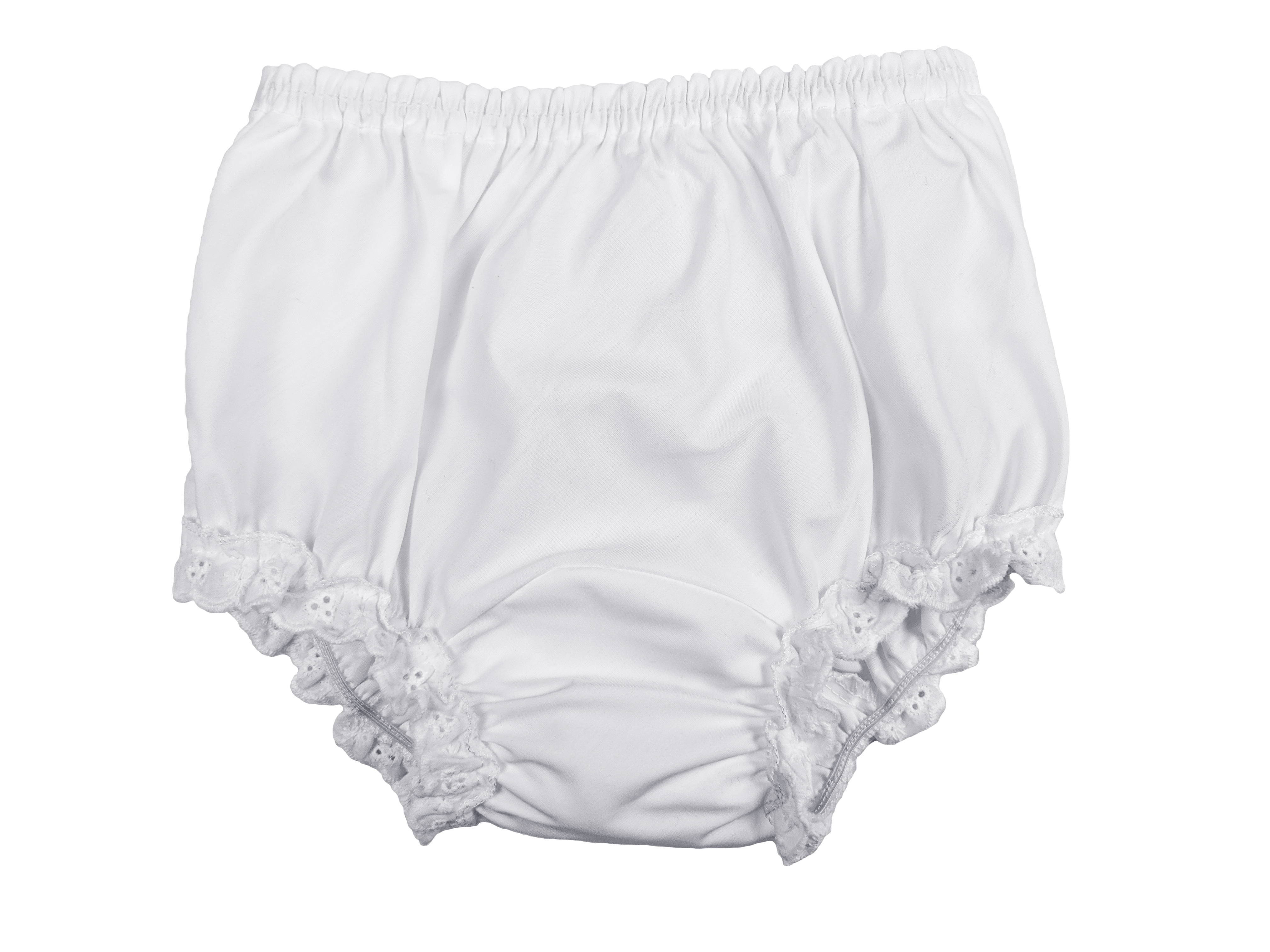 Baby Girls White Elastic Bloomer Diaper Cover with Embroidered Eyelet Edging Around Legs - Little Things Mean a Lot