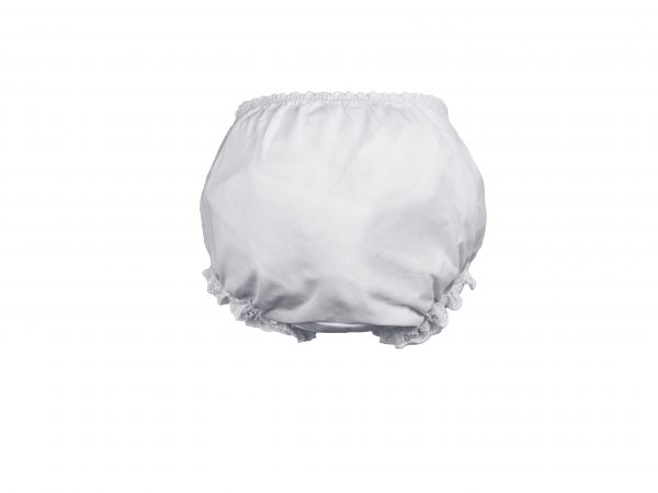 Baby Girls White Elastic Bloomer Diaper Cover with Embroidered Eyelet Edging Around Legs - Little Things Mean a Lot