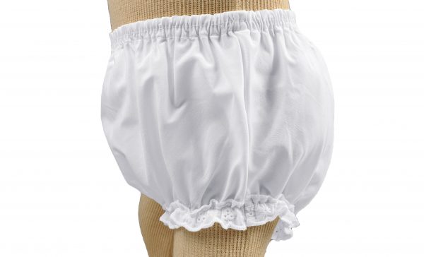 Baby Girls White Elastic Bloomer Diaper Cover with Embroidered Eyelet Edging Around Legs - Little Things Mean a Lot