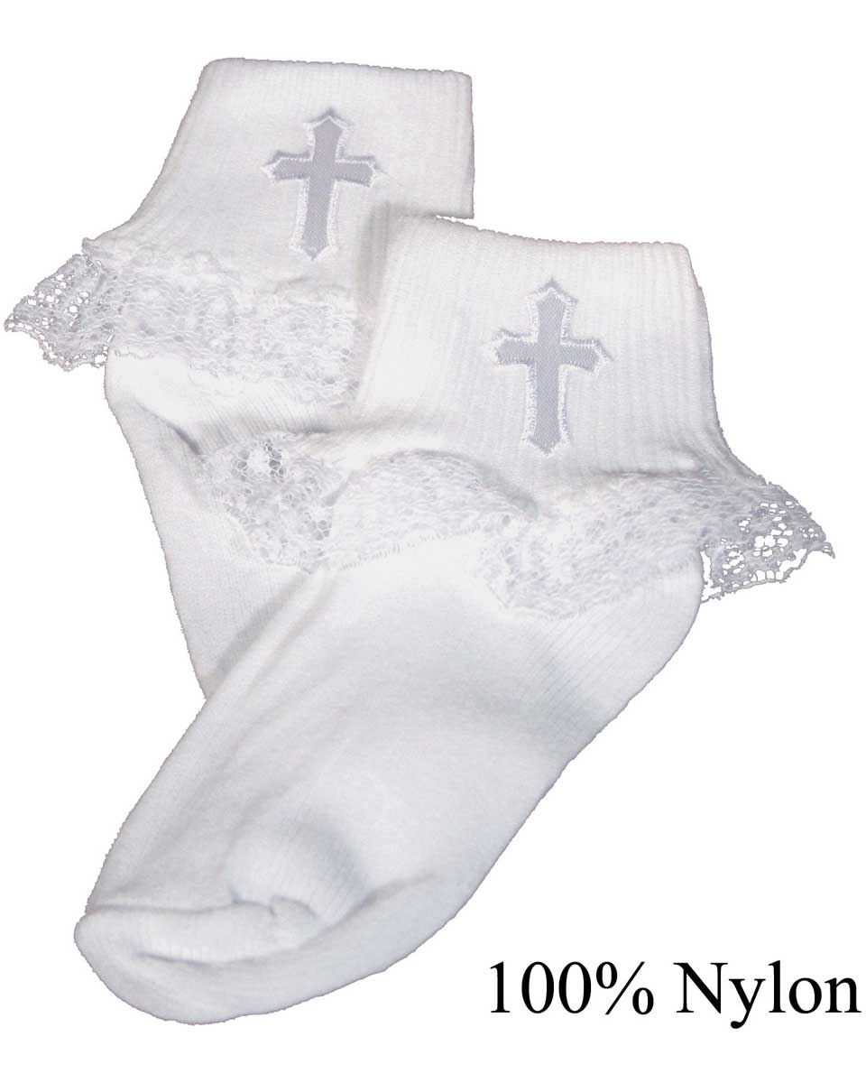 Girls White Anklet Socks with Embroidered Cross Applique and Lace - Little Things Mean a Lot
