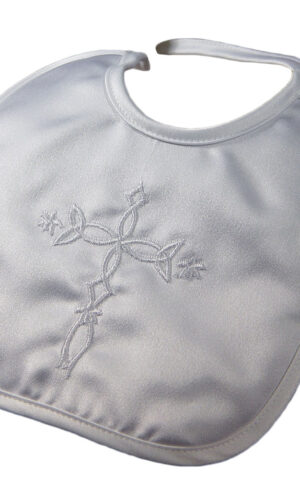 Matte Satin Christening Bib with Embroidered Celtic Cross - Little Things Mean a Lot