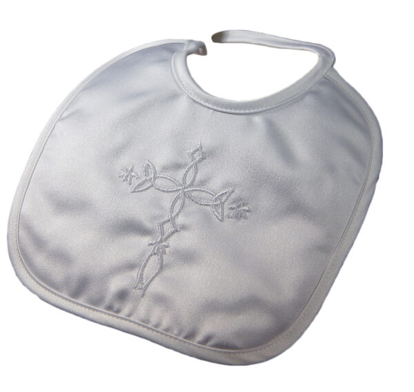 Matte Satin Christening Bib with Embroidered Celtic Cross - Little Things Mean a Lot