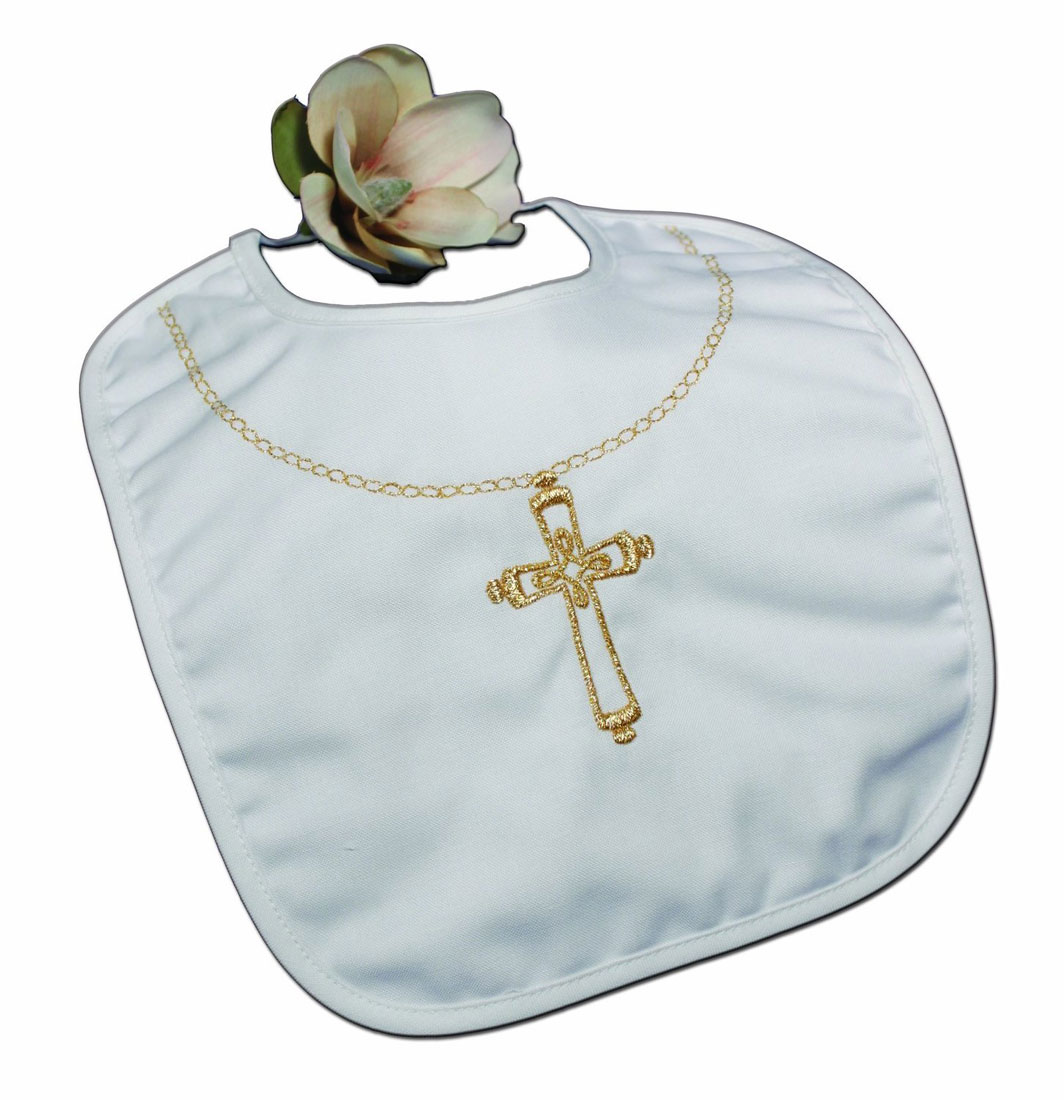 Cotton Christening Bib with Fancy Embroidered Gold Chain and Ornate Cross - Little Things Mean a Lot