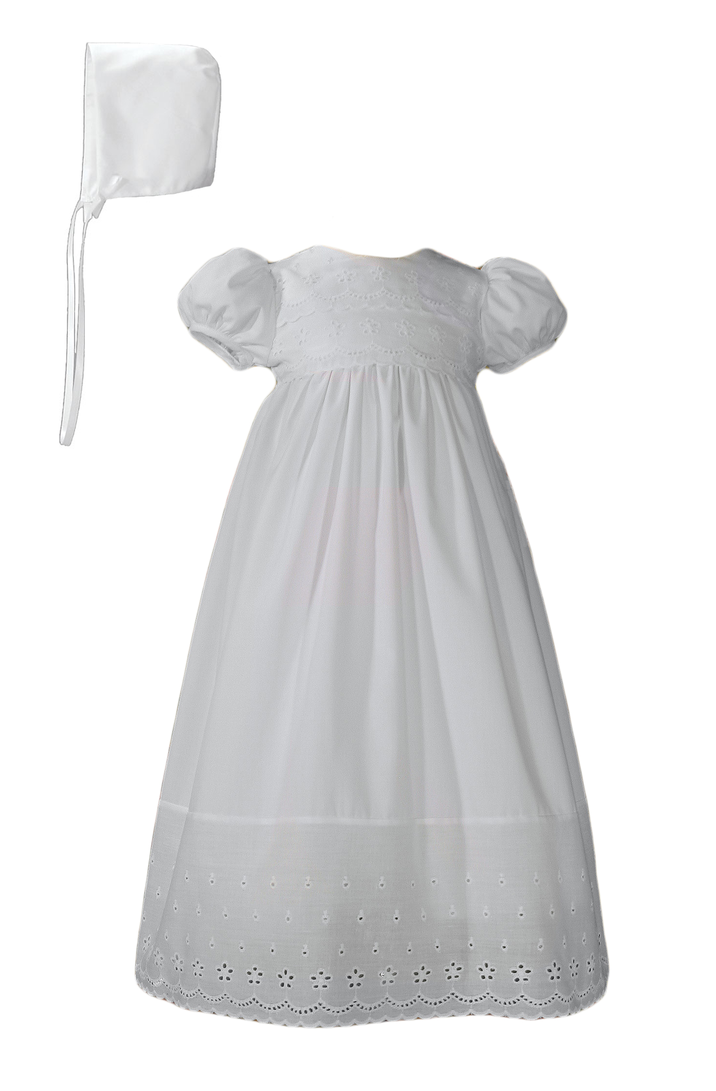 Girls White Poly Cotton Christening Baptism Gown with Lace Border and Bonnet - Little Things Mean a Lot