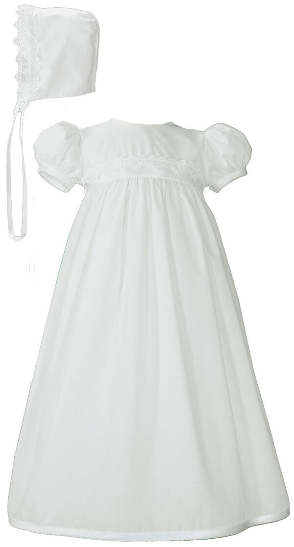 Girls White Polycotton Christening Baptism Gown with Lace Trim & Bonnet - Little Things Mean a Lot