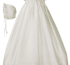 Girls 32" White Silk Christening Baptism Gown with Smocked Bodice - Little Things Mean a Lot