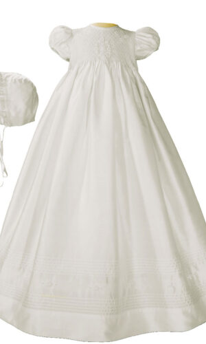 Girls 32" White Silk Christening Baptism Gown with Smocked Bodice - Little Things Mean a Lot