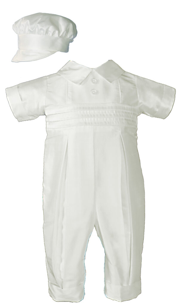 Boys White Silk Christening Baptism Coverall with Hat - Little Things Mean a Lot