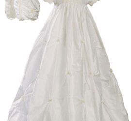 Girls 33" Silk Bubble Christening Baptism Gown with Natural Venise Lace and Rosettes - Little Things Mean a Lot