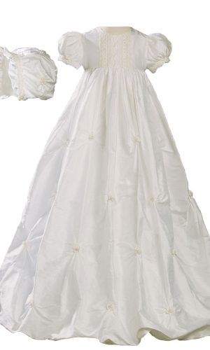 Girls 33" Silk Bubble Christening Baptism Gown with Natural Venise Lace and Rosettes - Little Things Mean a Lot
