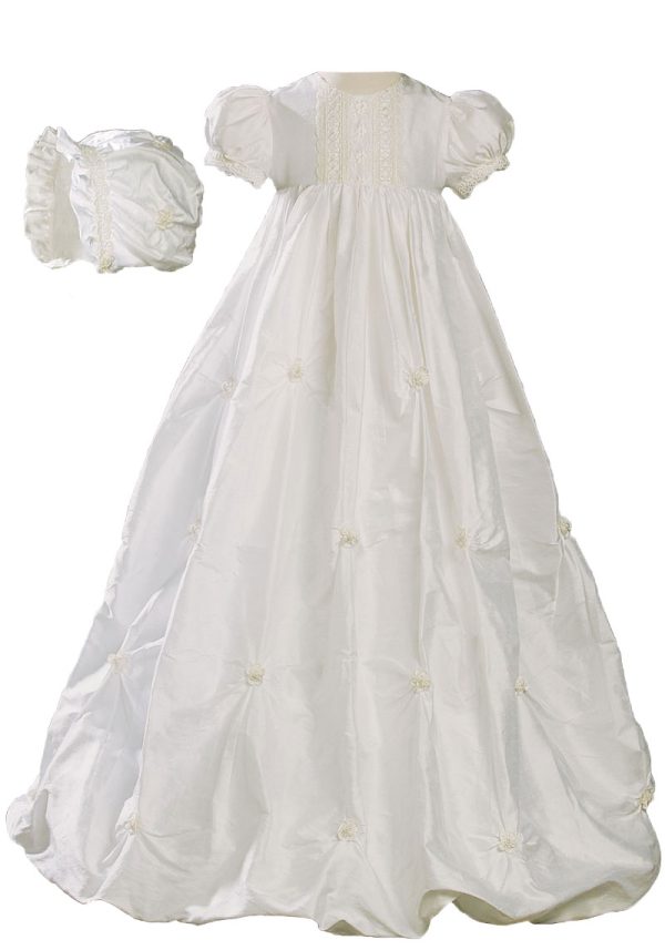 Girls 33" Silk Bubble Christening Baptism Gown with Natural Venise Lace and Rosettes - Little Things Mean a Lot