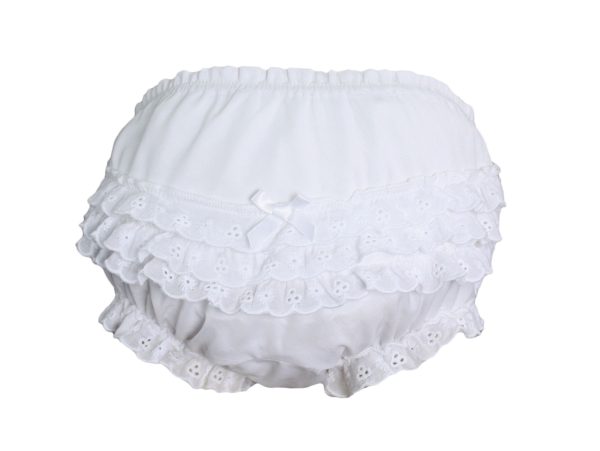 Baby Girls White Elastic Bloomer Diaper Cover with Embroidered Eyelet Edging - Little Things Mean a Lot