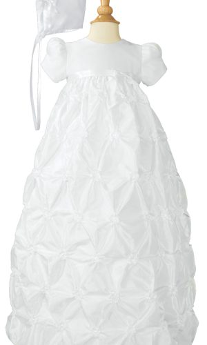 Girls White Polyester Taffeta Christening Baptism Gown with Rosettes and a Bonnet - Little Things Mean a Lot