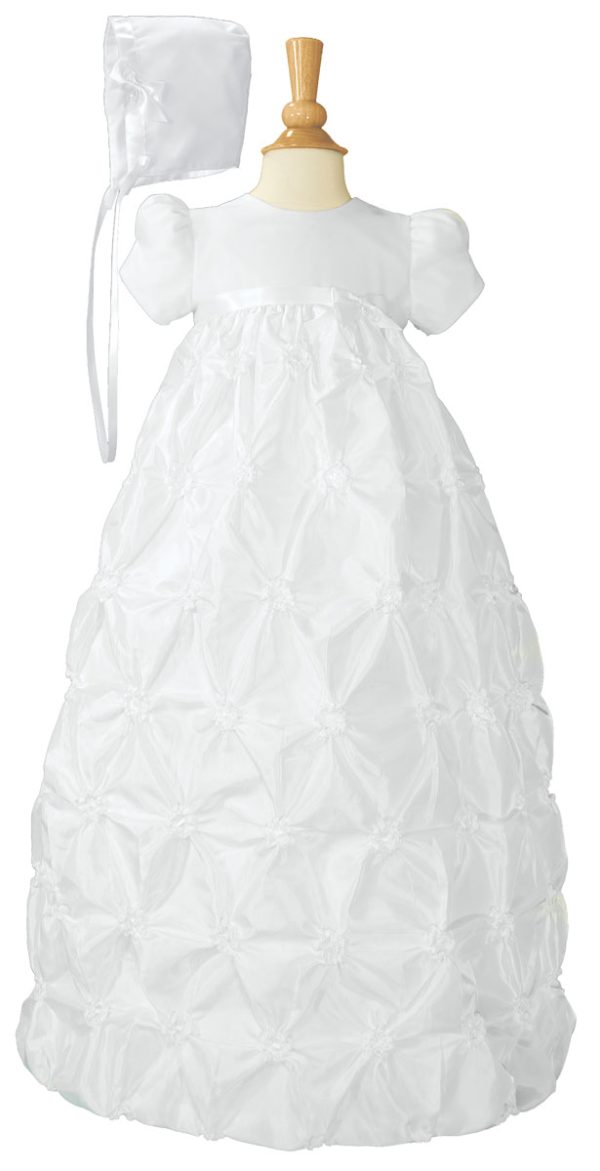 Girls White Polyester Taffeta Christening Baptism Gown with Rosettes and a Bonnet - Little Things Mean a Lot