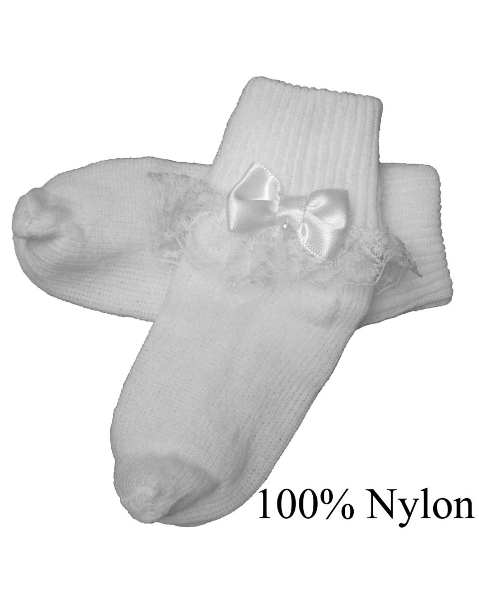 Girls Cotton or Nylon Special Occasion Anklet Socks with Lace and Pearl Bow - Little Things Mean a Lot