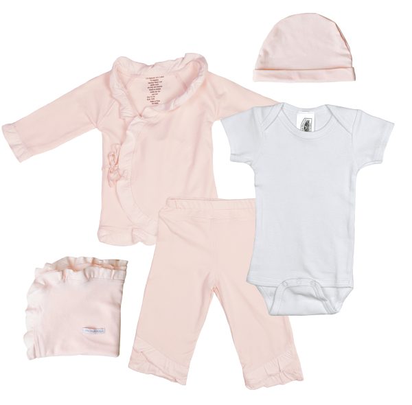 Girls Five-Piece Bamboo Layette Set in Pink or White with Cotton Knit Onesie - Little Things Mean a Lot