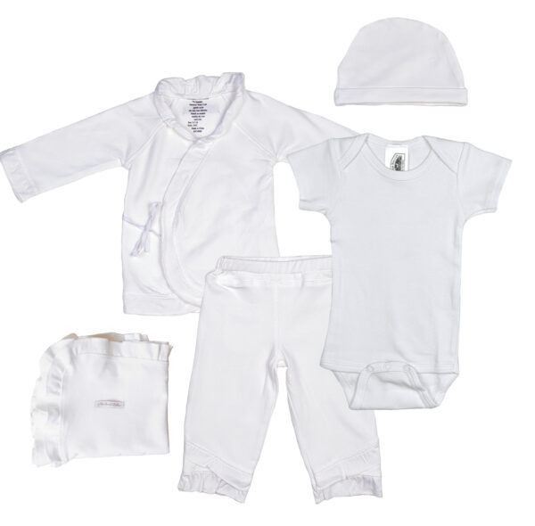 Girls Five-Piece Bamboo Layette Set in Pink or White with Cotton Knit Onesie - Little Things Mean a Lot