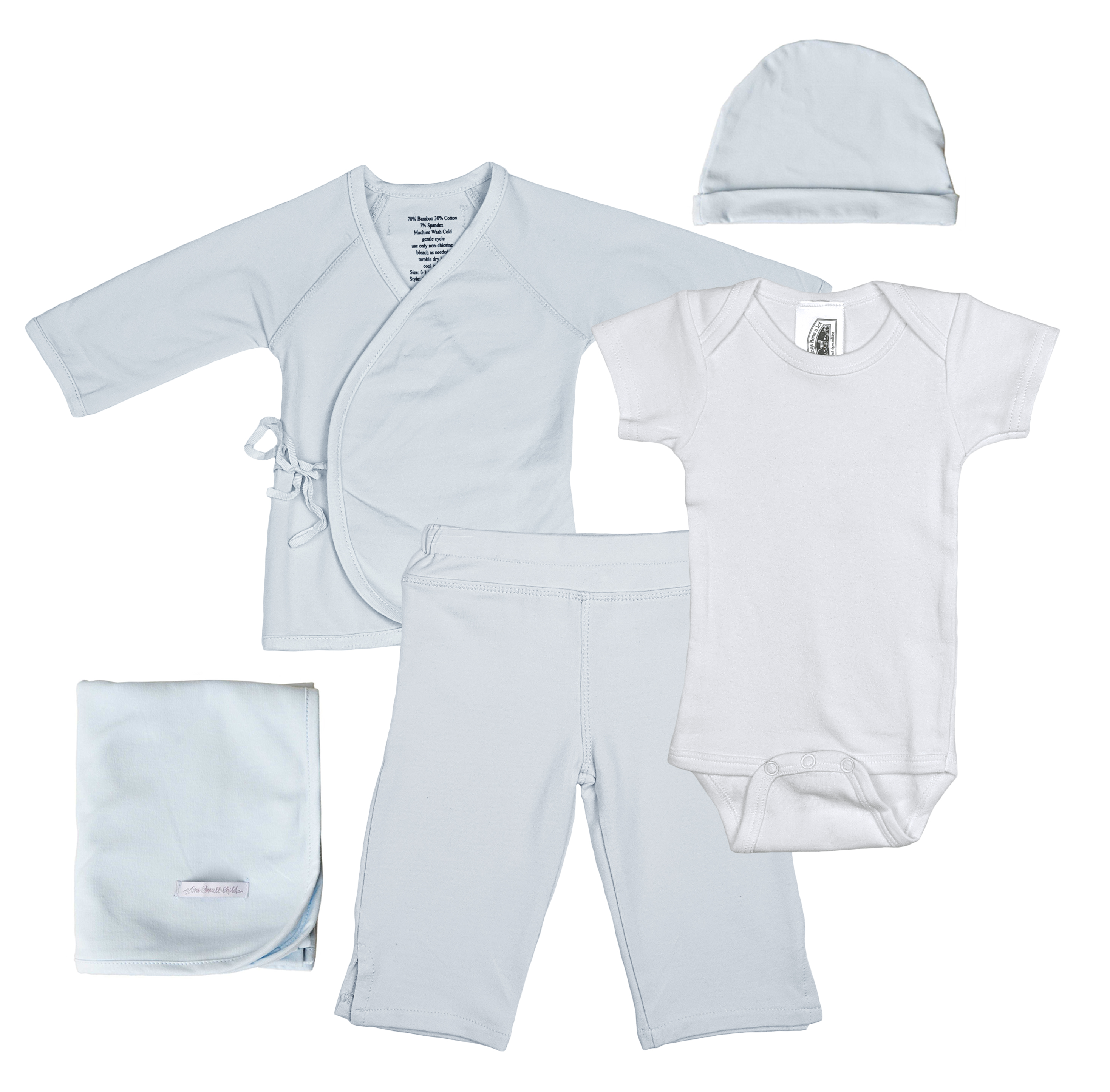 Boys Five-Piece Bamboo Layette Set in Blue or White - Little Things Mean a Lot