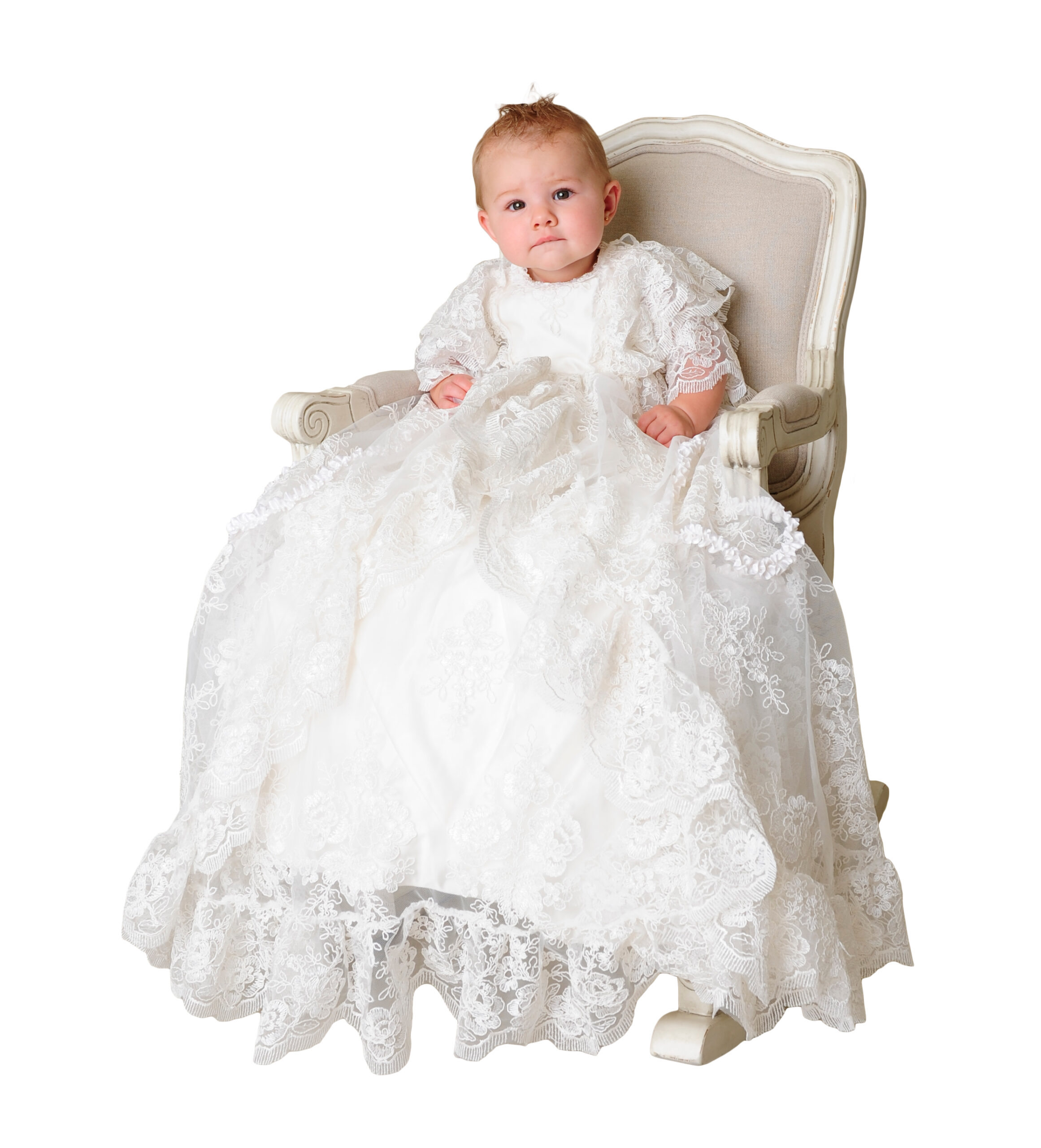 Royal Christening Gown model sitting